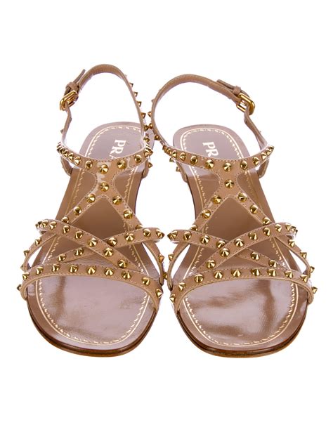 prada gold leather thong sandals|Prada studded pony skin sandals.